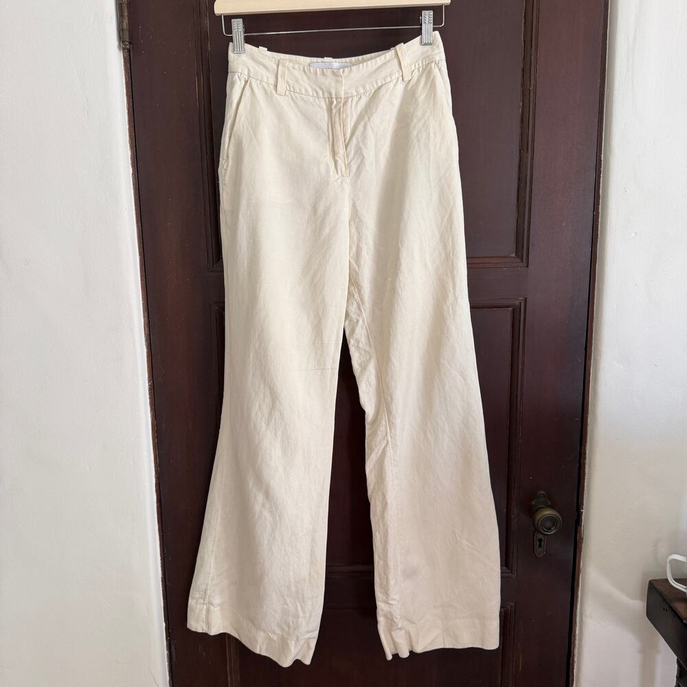 DEREK LAM 10 CROSBY | Cream Linen / Lyocell Blend Wide Leg High Rise Pants | 0